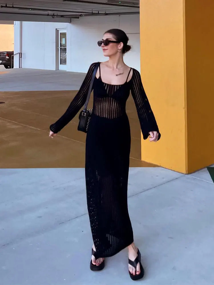 Timeless Elegance: The White Crochet Knit Maxi Beach Cover-Up cover up LUNARITY GARAGE Black M