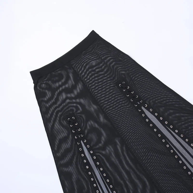 Harajuku Punk Goth Skirt for Women – Black Hollow Out Eyelet Split Long Skirt Skirts LUNARITY GARAGE