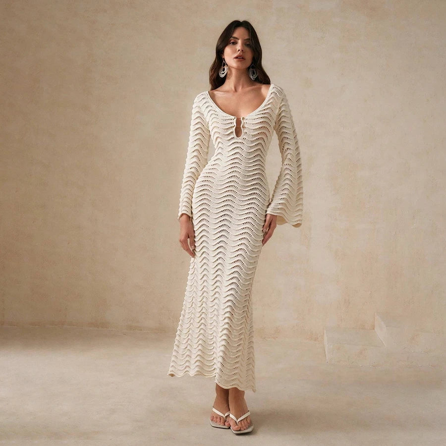 Crochet Fishtail Flare Sleeve Maxi Dress | Knit Beach Hollow Out Deep V-Neck Bikini Cover-Up covers up LUNARITY GARAGE Beige S