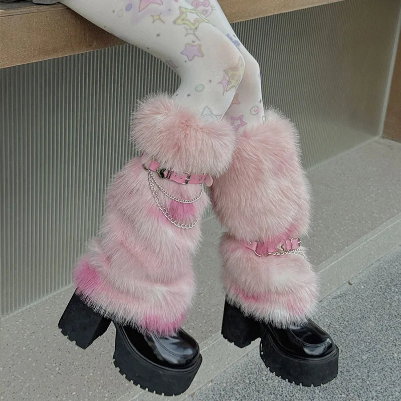 Winter Leopard Print Faux Fur Leg Warmers – Y2K Plush Punk Chain PU Belt, Harajuku Thickened Boots Cover, Fluffy Socks Leg warmer LUNARITY GARAGE