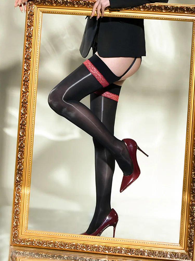 Sexy Women Lace 8D Elastic Pantyhose – Shiny Glossy Sheer Hollow-Out Tights