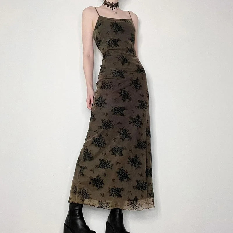 Gothic Black Summer Dress Women Streetwear Lolita Floral Print Sleeveless Mesh Patchwork Sexy Dress Party Club Elegant Dresses dress LUNARITY GARAGE