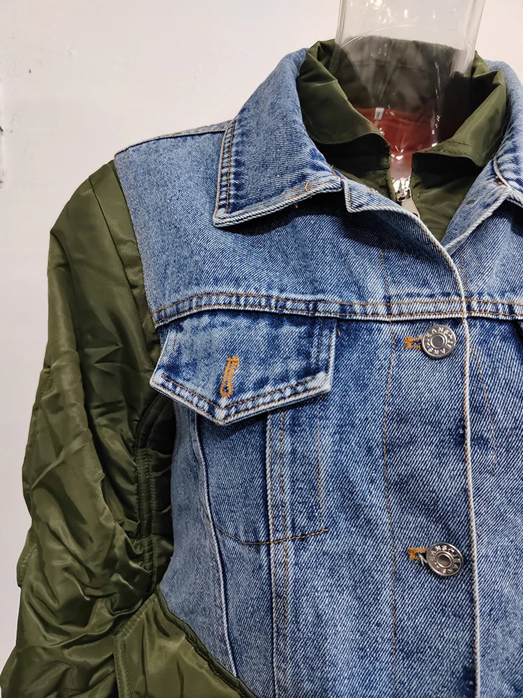 Blue Green Patchwork Denim Jacket - Loose Fit Short Coat with Turn-Down Collar jackets LUNARITY GARAGE