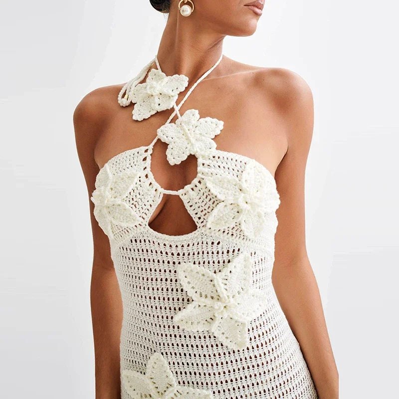 Elegant Beach Vacation Summer Trend Clubwear Bodycon Dress | Appliques Halter Sexy Flower Knit See Through Long Dress beach dress LUNARITY GARAGE