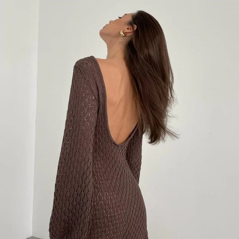 Long Sleeve Cut Out Backless Crochet Knitted Tunic | Beach Cover-Up Dress for Women cover up LUNARITY GARAGE