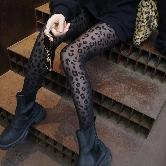 Women’s Sexy Thin Transparent Leopard Print Sheer Tights | Gothic Vintage Seamless Pantyhose Stockings LUNARITY GARAGE Black