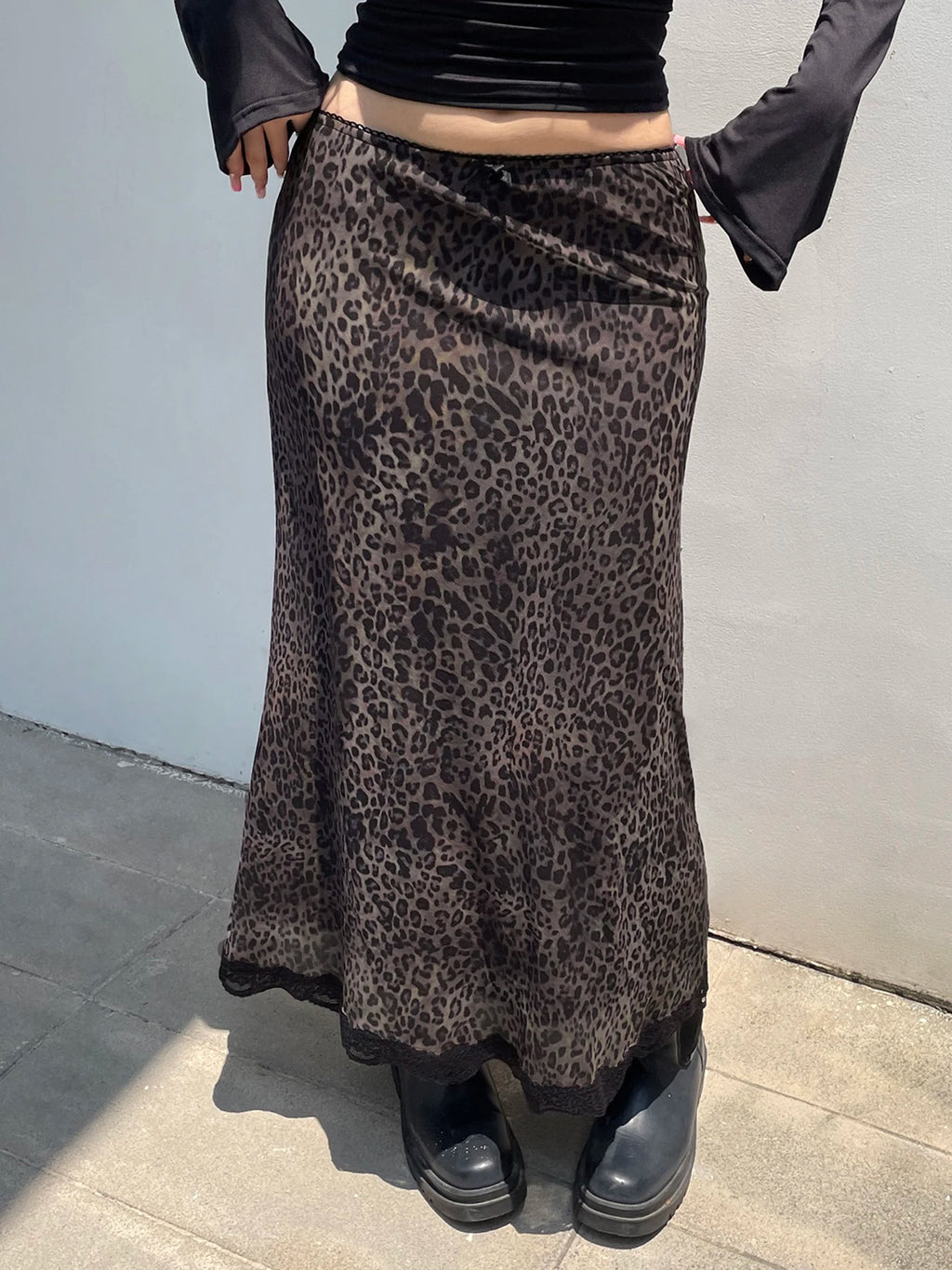 Retro Brown Leopard Y2K Long Skirt with Lace Trim for Women skirt LUNARITY GARAGE Leopard S
