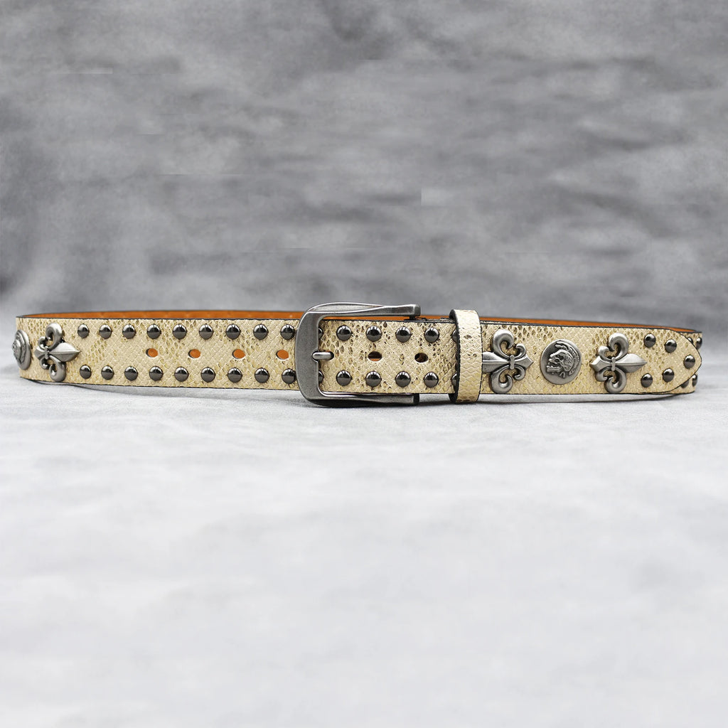 Y2K Leather Rivet Belt – Golden Cross Studded Rock Style belt LUNARITY GARAGE