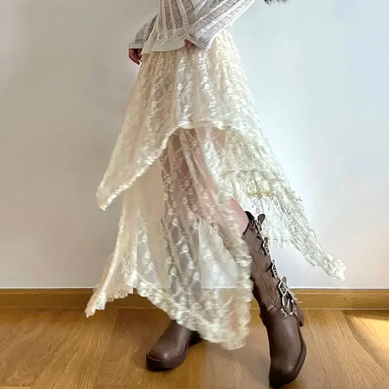 Lace Asymmetrical Skirt Fairycore Women Vintage Y2K Boho Aesthetic Fashion High Waist Mid Skirts Lady Holiday Outfits skirt LUNARITY GARAGE