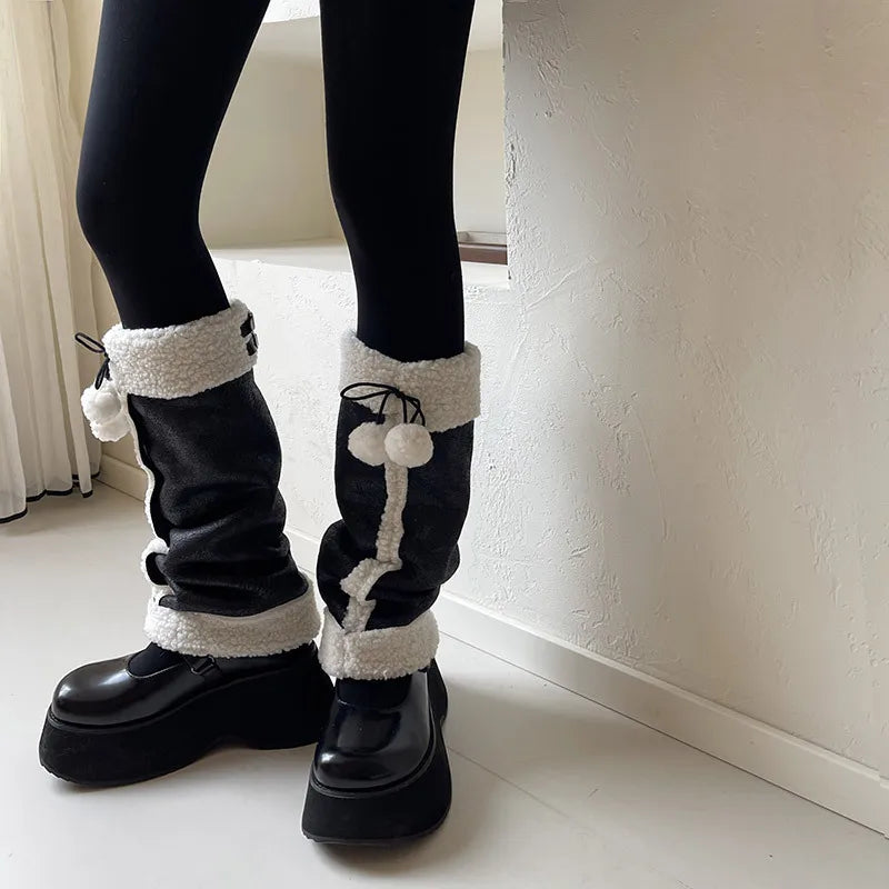 Punk Thickened Lamb’s Wool Suede Leg Warmers – Y2K Winter Knee Warmers with Plush Fur Ball Detail Leg Warmers LUNARITY GARAGE   