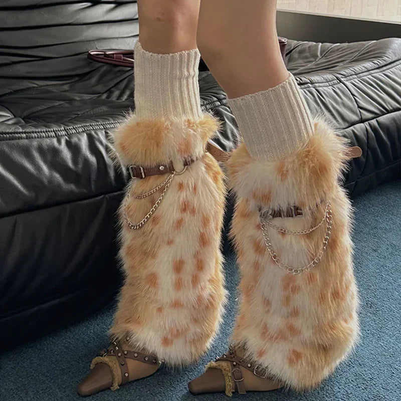 Winter Leopard Print Faux Fur Leg Warmers – Y2K Plush Punk Chain PU Belt, Harajuku Thickened Boots Cover, Fluffy Socks Leg warmer LUNARITY GARAGE