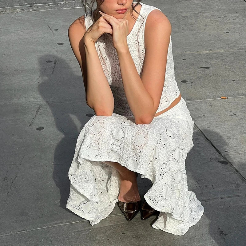 Y2K White Casual Two-Piece Set | Hollow Out Patchwork Cropped Tank Top & Maxi Skirt Clothing Set LUNARITY GARAGE