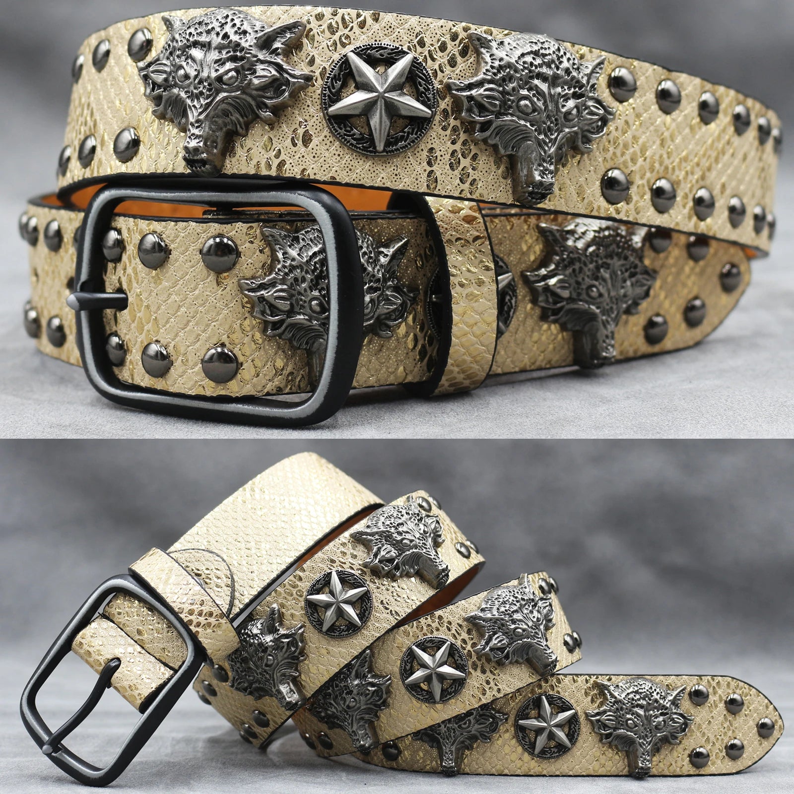 Fashion Wolf Rivet Belt – Studded Skull Punk Rock belt LUNARITY GARAGE Gold 105CM