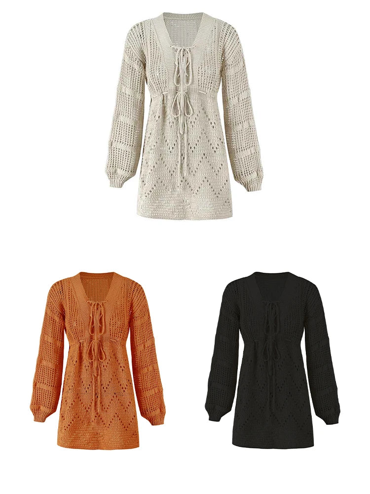 Daring Winter Warmth: The Sexy See-Through Deep V-Neck Knit Mini Dress Dress LUNARITY GARAGE