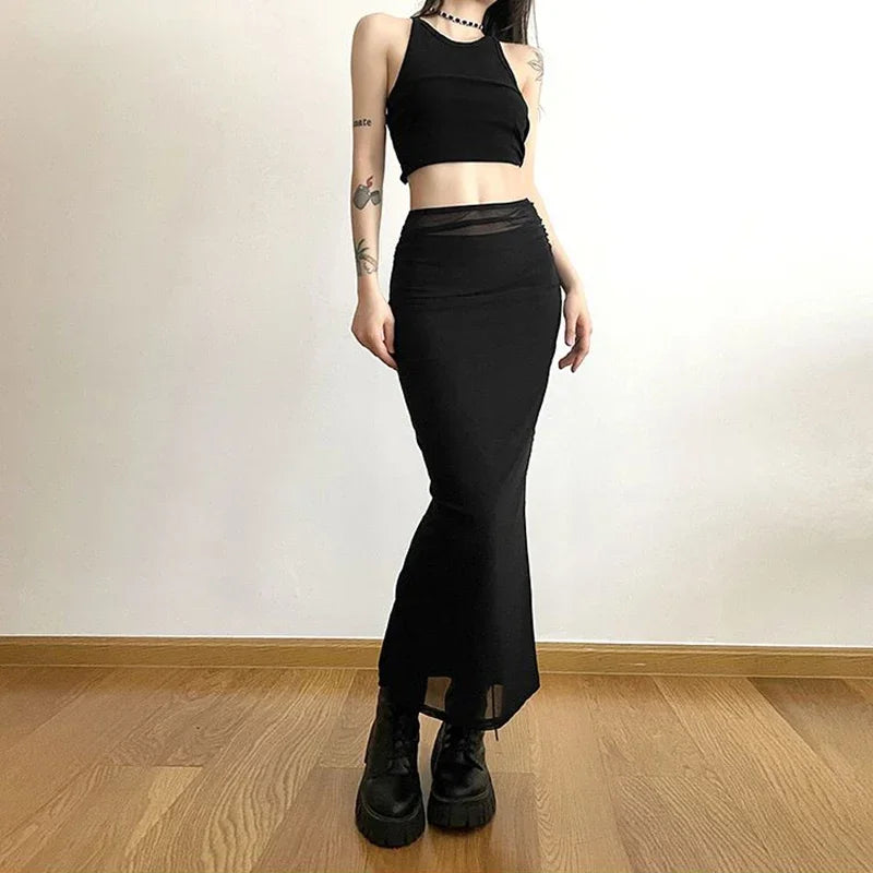 Y2K Black Long Skirts Women Harajuku Sexy Mesh Patchwork Wrap Skirt Summer Gothic Korean High Waist Slim A Line Faldas New skirt LUNARITY GARAGE