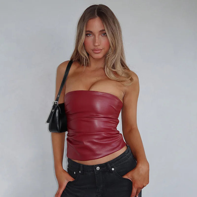 Wine Red Strapless Leather Top – Sexy Slim Fit Party Top Tops LUNARITY GARAGE Wine Red S