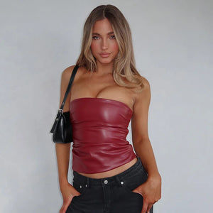 Wine Red Strapless Leather Top – Sexy Slim Fit Party Top Tops LUNARITY GARAGE Wine Red S