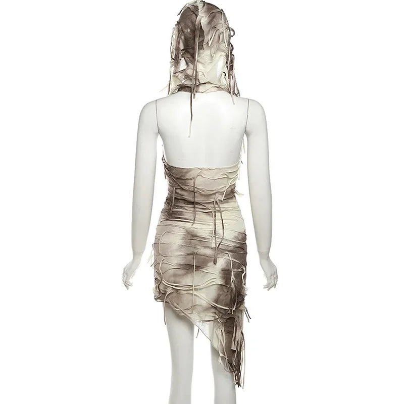 Vintage Tie-Dye Slim Fit Hooded Bodycon with Tassel Mini Dress Dress Lunarity Garage