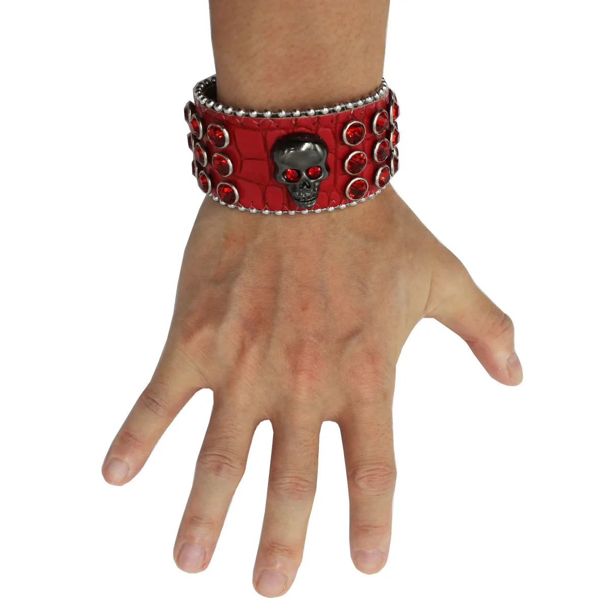 Wide Rhinestone Skull Bracelet – PU Leather Statement Cuff Bracelets LUNARITY GARAGE