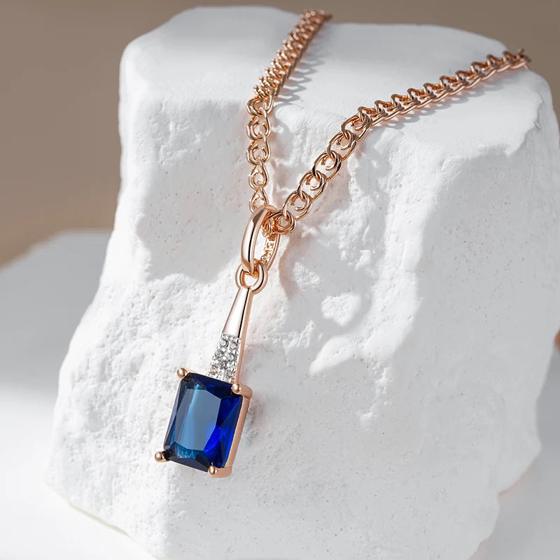 Luxurious Shiny Blue Square Zircon Pendant Necklace – 585 Rose Gold Vintage Charm necklaces LUNARITY GARAGE