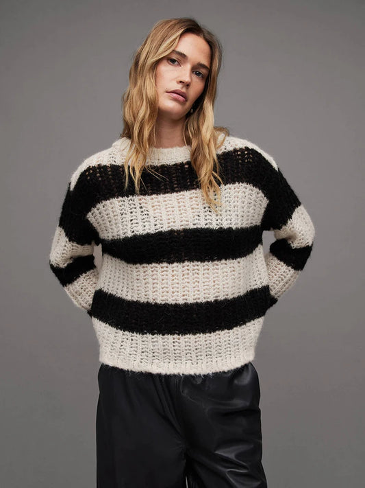 Striped Crochet Loose-Fit Sweater – Casual O-Neck Knit Top Sweaters LUNARITY GARAGE