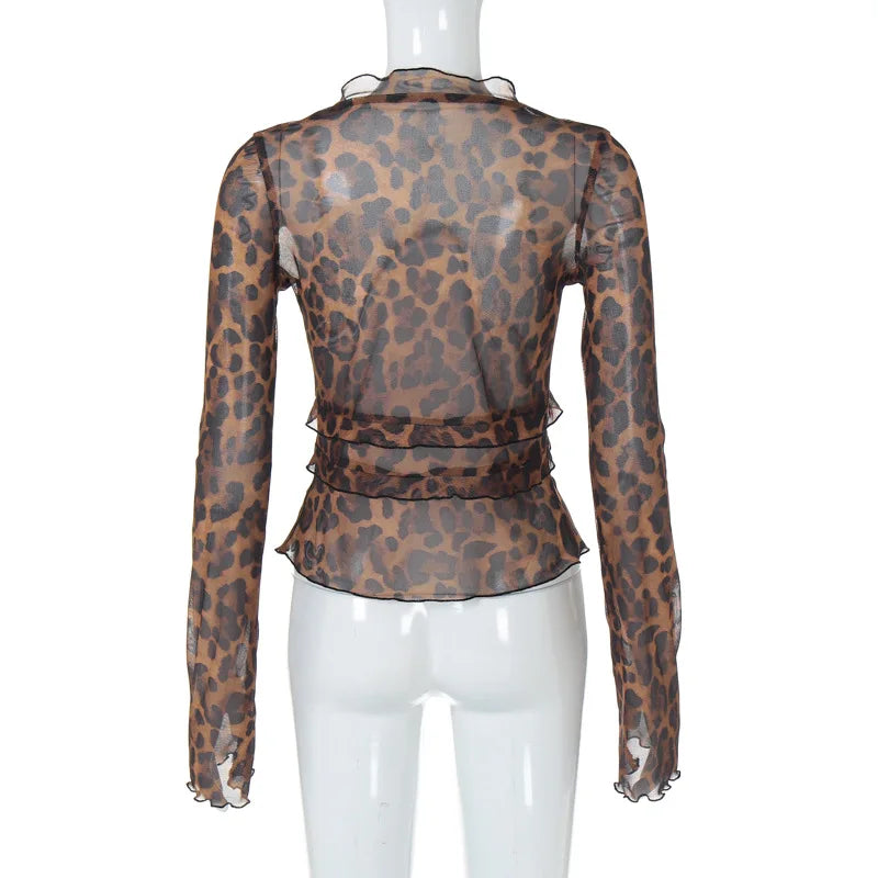 Leopard Print Sheer Mesh Top – Women's See-Through Y2K T-Shirt, Summer Streetwear Blouse & Beachwear Tops Lunarity Garage