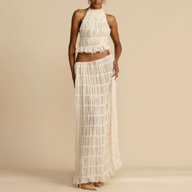 Boho Backless 2-Piece Set – Halter Ruched Cami Top & Maxi Skirt Clothing Set LUNARITY GARAGE