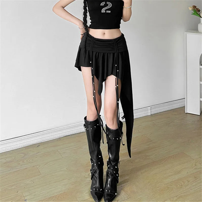 Gothic Dropped Waist Mini Skirt - Punk Grunge Irregular Hem A-line Techwear Skirts LUNARITY GARAGE