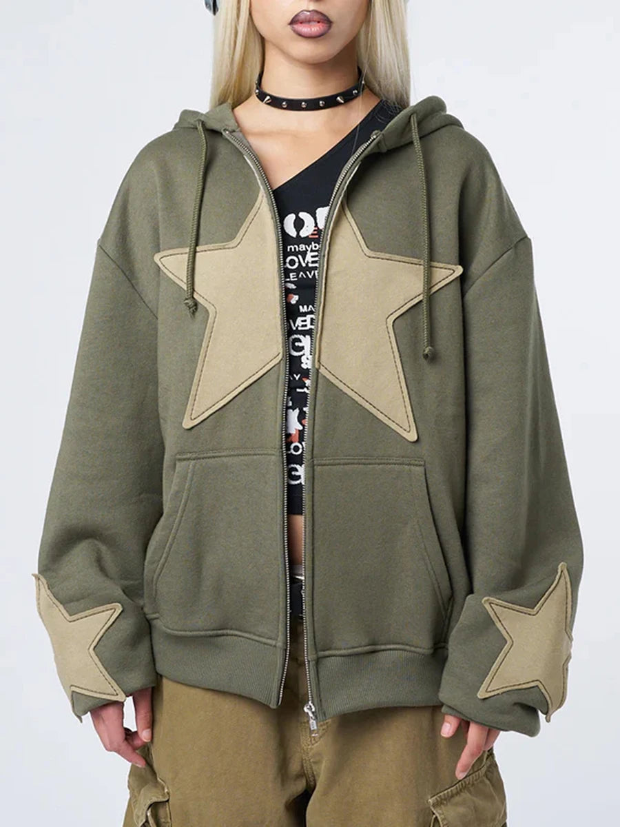 Y2K Vintage Star Print Hooded Hoodie for Women Casual Loose Long Sleeve Zip Up Drawstring Sweatshirts Autumn Spring Coat Street Hoodie LUNARITY GARAGE Green S