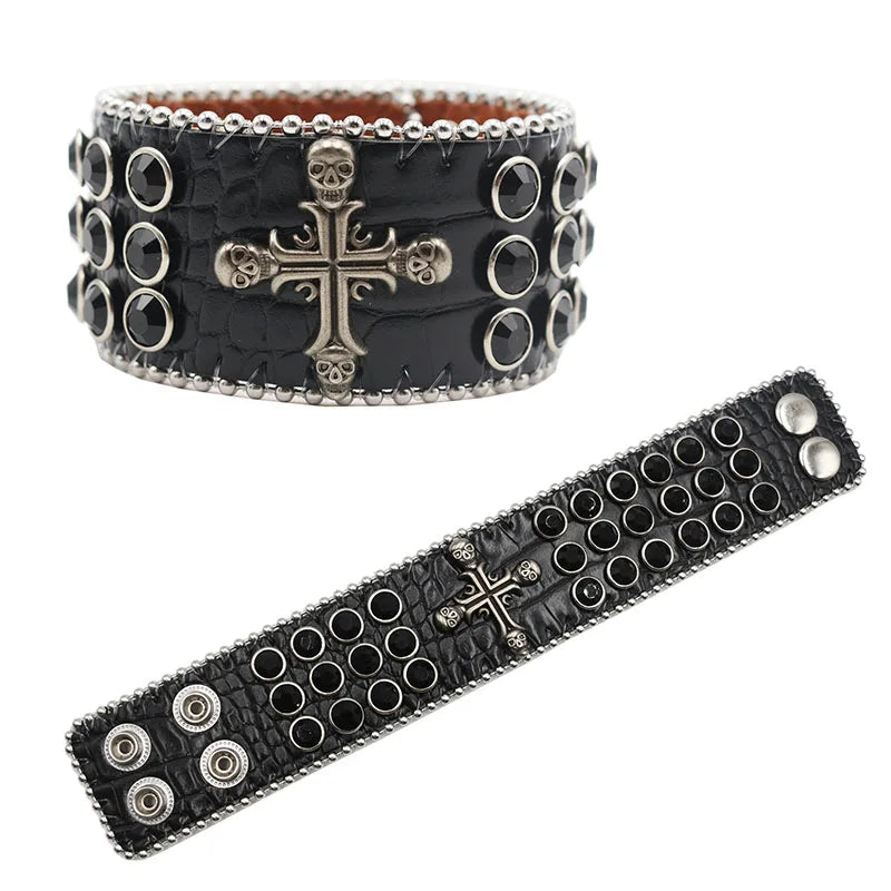 Exquisite Crystal Rhinestone Skull Cross Bracelet – PU Leather Party Jewelry Bracelets LUNARITY GARAGE SZKLT-Black