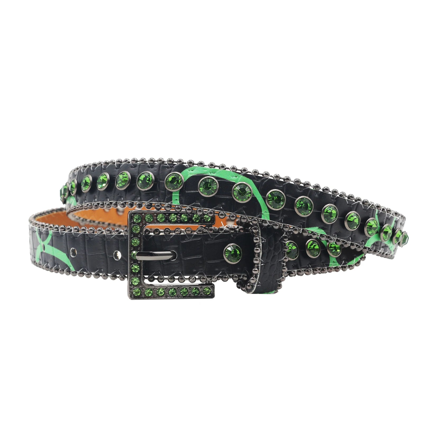 Women’s Rhinestone Leopard Belt – Western Crystal Square Buckle belt LUNARITY GARAGE HW-Green 95CM