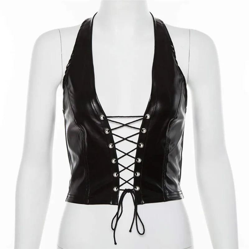 Sexy Punk Y2K Black PU Leather Crop Top Womens Backless Camisole crop top LUNARITY GARAGE
