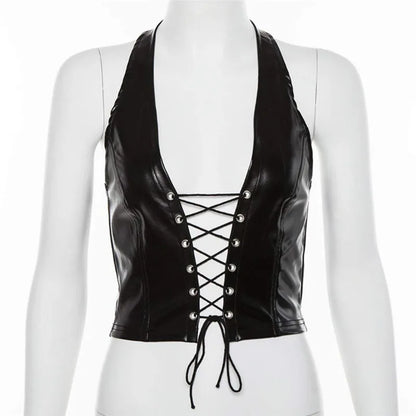 Sexy Punk Y2K Black PU Leather Crop Top Womens Backless Camisole crop top LUNARITY GARAGE