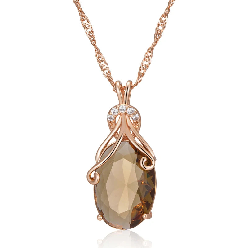 Rose Gold Big Oval Light Brown Zircon Pendant Necklace for Women necklaces LUNARITY GARAGE   