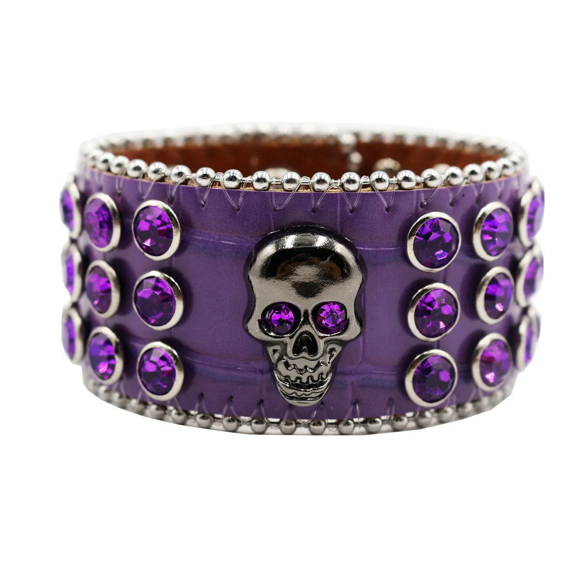 Wide Rhinestone Skull Bracelet – PU Leather Statement Cuff Bracelets LUNARITY GARAGE Purple