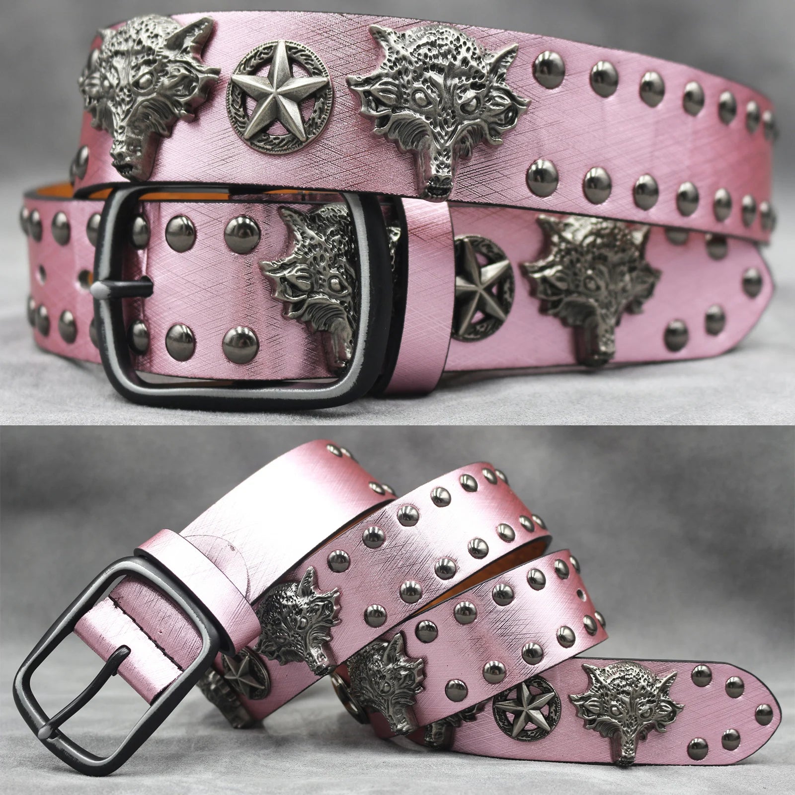 Fashion Wolf Rivet Belt – Studded Skull Punk Rock belt LUNARITY GARAGE Pink 105CM