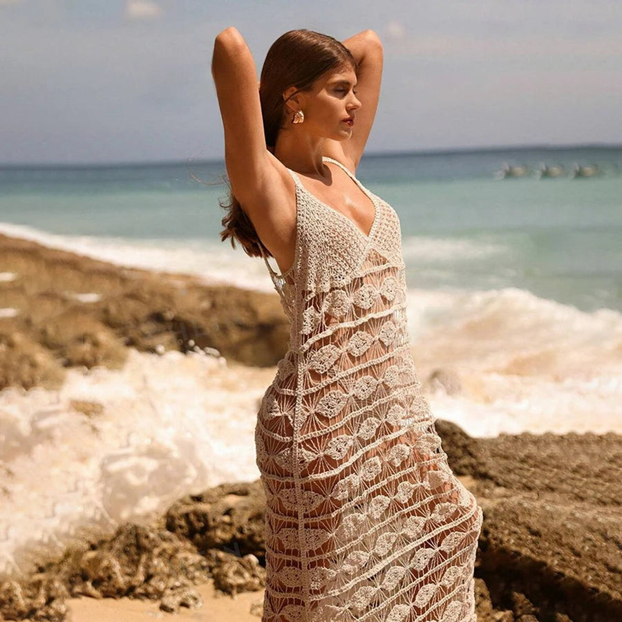 The Hollow Out Deep V-Neck Knit Maxi Beach Dress covers up LUNARITY GARAGE