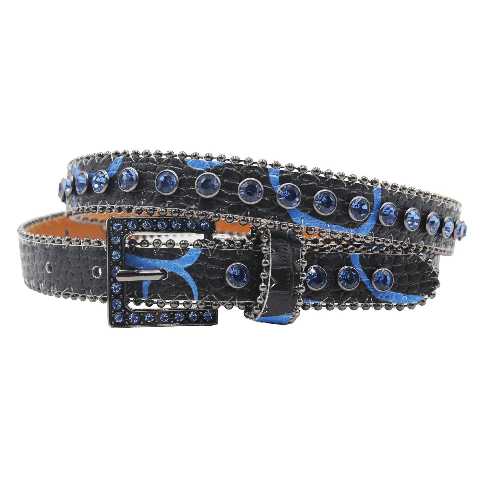 Women’s Rhinestone Leopard Belt – Western Crystal Square Buckle belt LUNARITY GARAGE HW-Blue 95CM