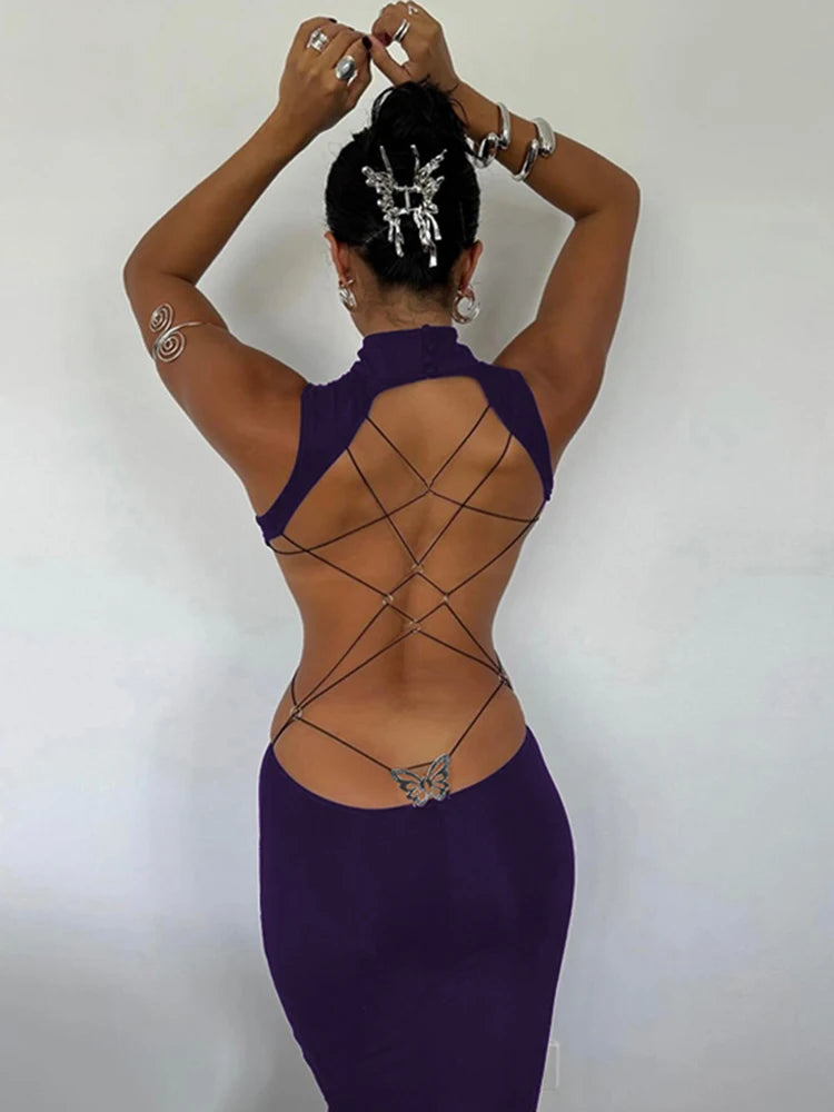 Backless High Collar Bodycon Maxi Dress – Elegance & Allure dress LUNARITY GARAGE Purple S