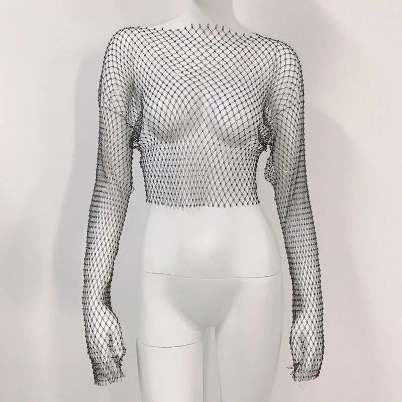 Women Sexy Mesh See Through T Shirt Shiny Rhinestone Fishnet Hollow Out Crop Top Long Sleeve Beach Cover Up Party Club Tank Tops LUNARITY GARAGE black One Size