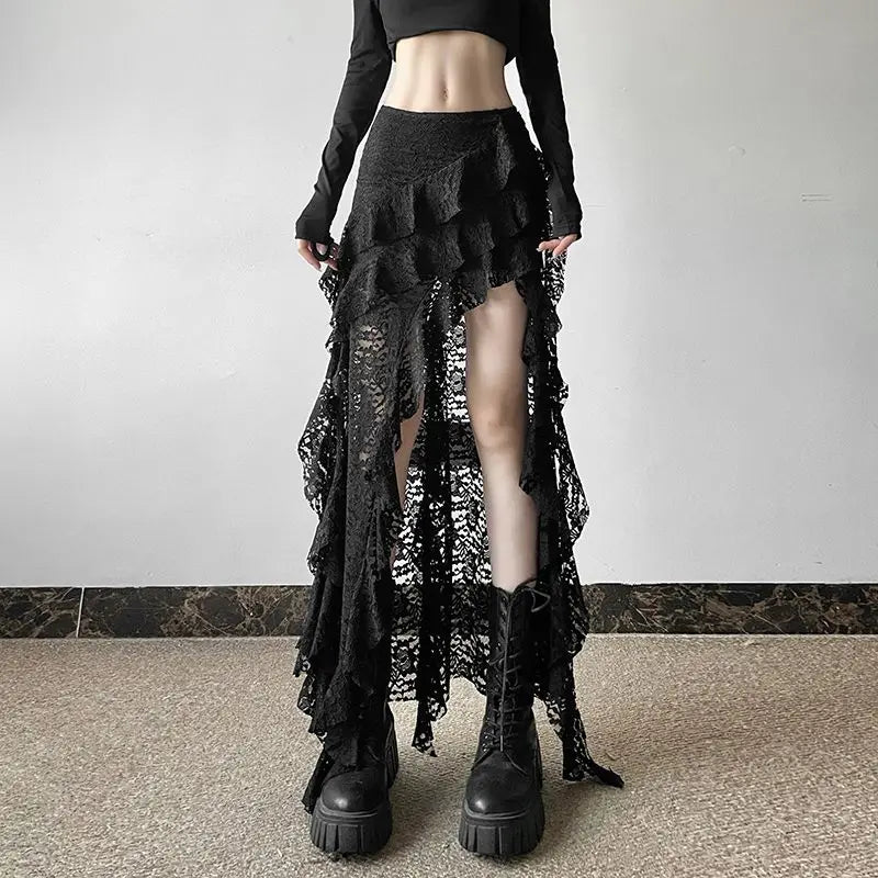 Punk Goth Skirt for Women – Dark Asymmetrical Ruffled Lace High Waist Skirt Skirts LUNARITY GARAGE Black S