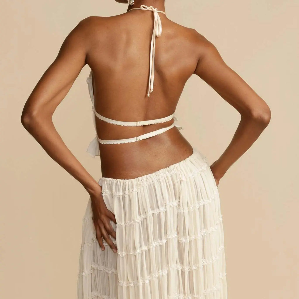 Boho Backless 2-Piece Set – Halter Ruched Cami Top & Maxi Skirt Clothing Set LUNARITY GARAGE