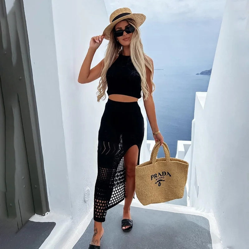 Knitted Beach Skirt Set | Sexy Camisole & Long Skirt Two-Piece Outfit for Women covers up LUNARITY GARAGE