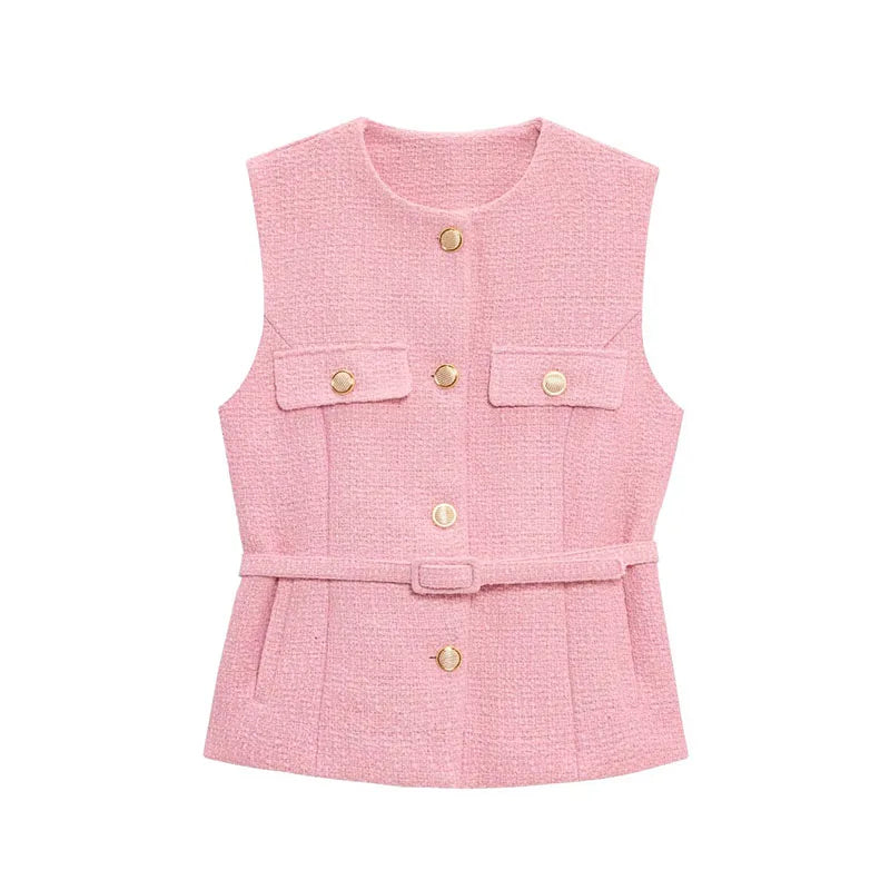 Women's Chic O-Neck Sleeveless Texture Vest Top | Elegant Button Pockets Casual Waistcoat Tops LUNARITY GARAGE Pink XS