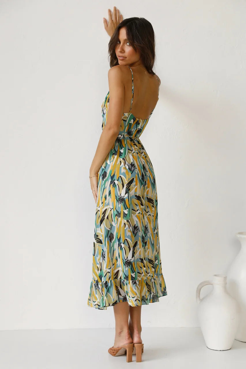 Bohemian Floral Print Mid-Calf Dress - Spaghetti Strap Sexy Casual Sundress Dress LUNARITY GARAGE