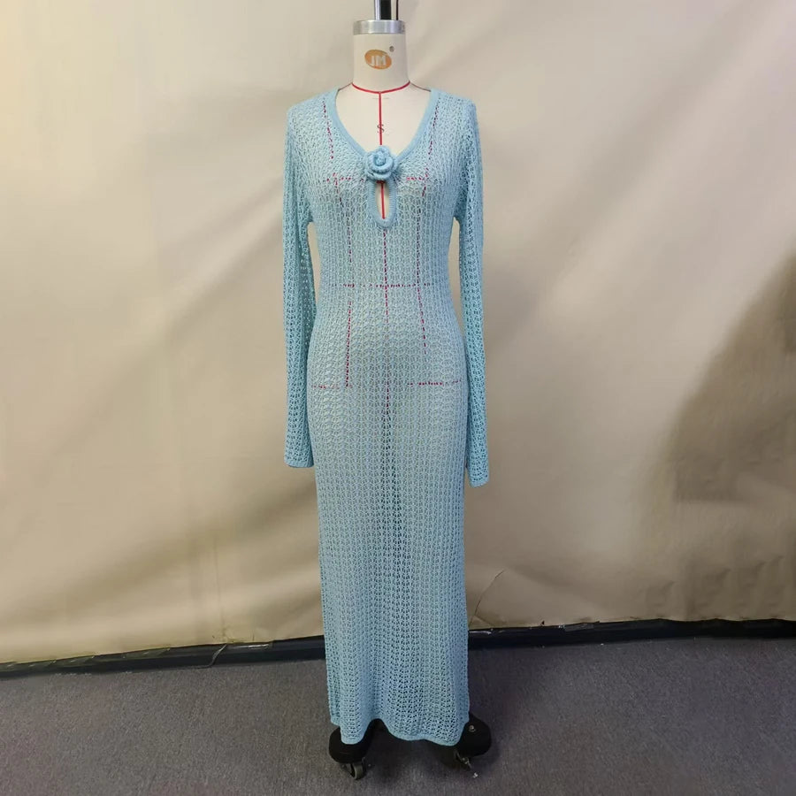 Hollow Out Knitted Long Dress | Elegant Beach Cover-Up & Sexy Swimwear Outfit cover up LUNARITY GARAGE Blue S