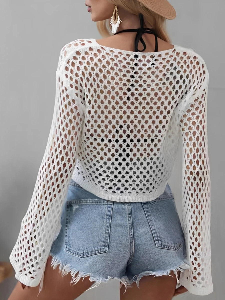 Mesh Crochet Beach Shirt Women Solid Cover Up - Sexy Long Sleeve Tops 2025 Swimwear Bathing Suit cover up LUNARITY GARAGE