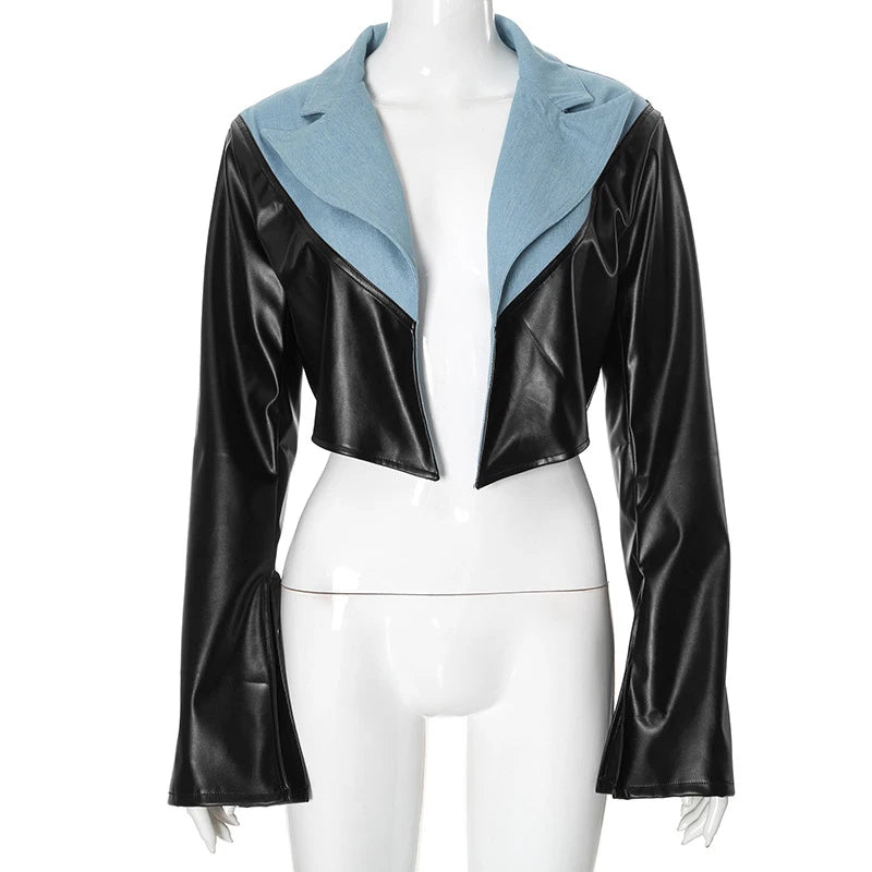 PU Leather Patchwork Denim Crop Jacket – High Street Trendsetter for Women Jackets LUNARITY GARAGE