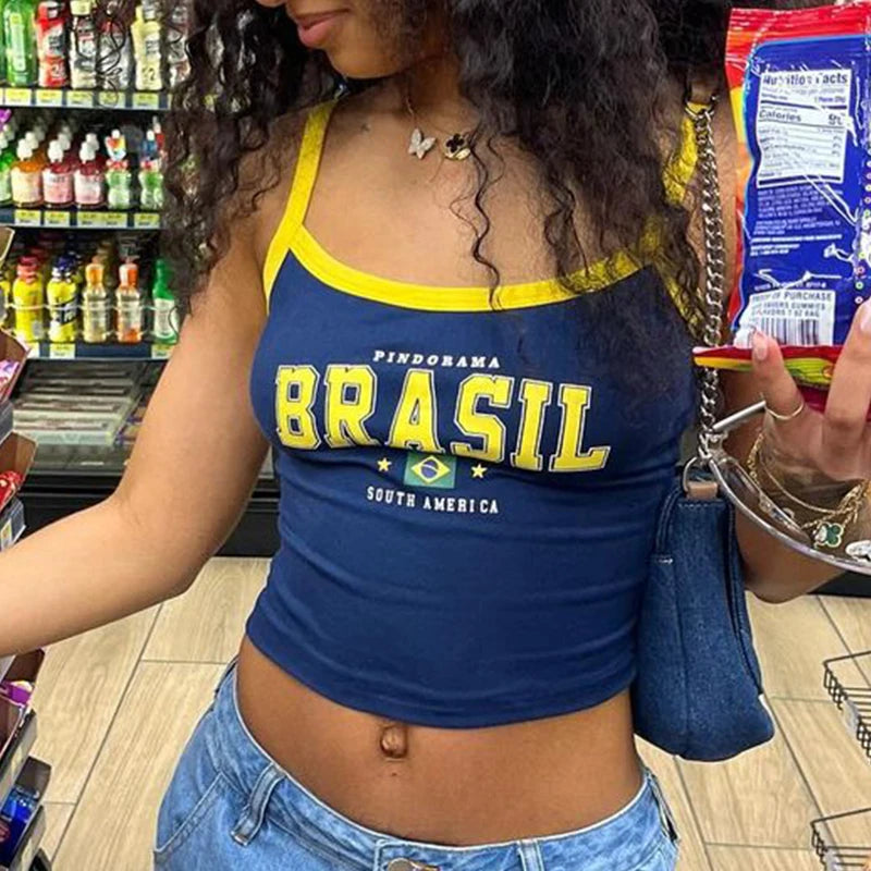 Vintage Brazil Print Camisole – Y2K Aesthetic Slim Fit Crop Top for Women crop top LUNARITY GARAGE