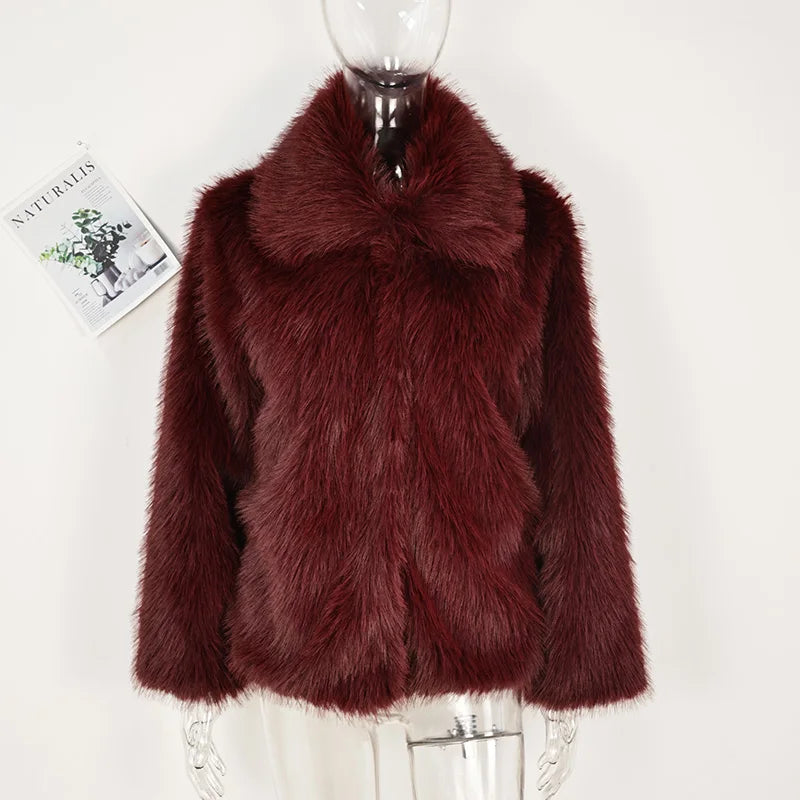 Burgundy Faux Fur Coat Vintage Long Sleeve Furry Warm Jackets Jackets LUNARITY GARAGE